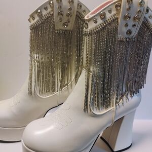 Sugar Thrillz Dolls Kill White and Silver Fringe Heeled Boots